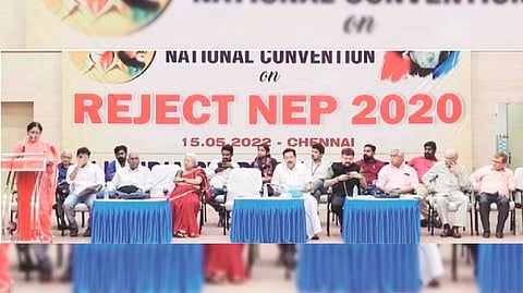Minister speaking at AISF's conference against NEP in Chennai on Sunday
