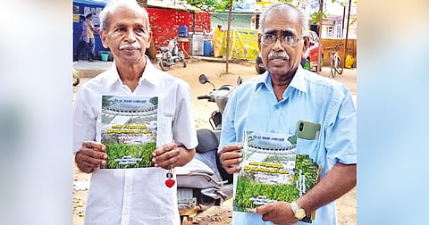 P Kalaivanan, V Kaliyamurthy, agri technocrats, releasing a handbook in Thanjavur on Monday
