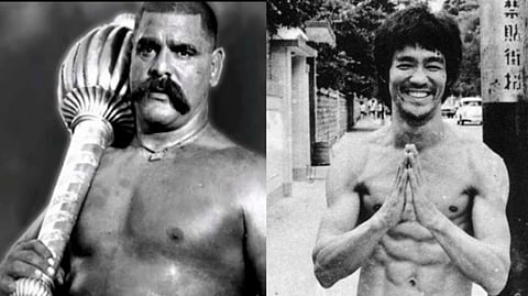 Indian wrestler Ghulam Mohammad Baksh Butt (right) and Bruce lee