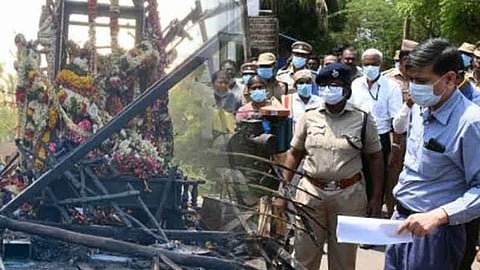 The charred temple car; Panel conducting inquiry