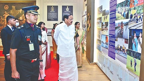Vice President M Venkaiah Naidu looking at the exhibits in Defence Services Staff College in Wellington, The Nilgiris, on Tuesday