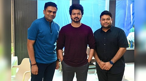Thaman with Vijay and Vamshi Paidipally
