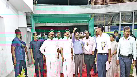 CM MK Stalin inspecting ongoing works at Kalaignar library in Madurai on Tuesday