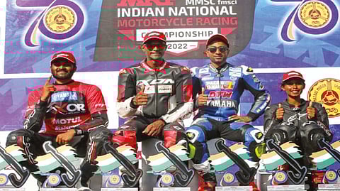 (From left) Race winners Sarvesh Balappa, Rajini Krishnan, Mathana Kumar and Ann Jennifer