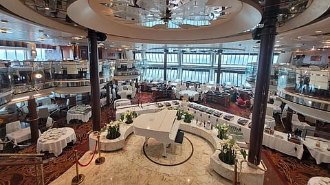 A grand lobby with musical instruments