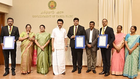 Stalin hands over gold medals to the district collectors of Karur, Coimbatore, and Thanjavur