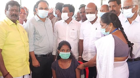 Health Minister in one of the vaccination camps on Sunday