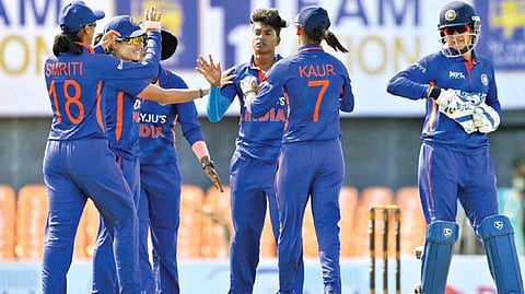 India women celebrate the fall of a Sri Lankan wicket