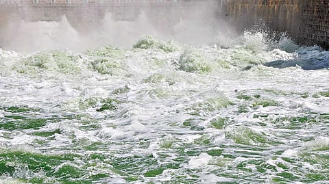 Water gushing out of KRP dam in Krishnagiri district on Tuesday