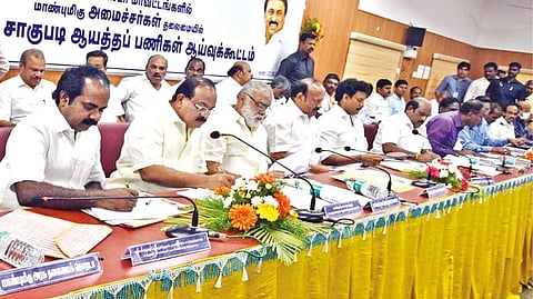 Ministers MRK Panneerselvam and I Periyasamy at a review meeting with farmers in Thanjavur on Tuesday