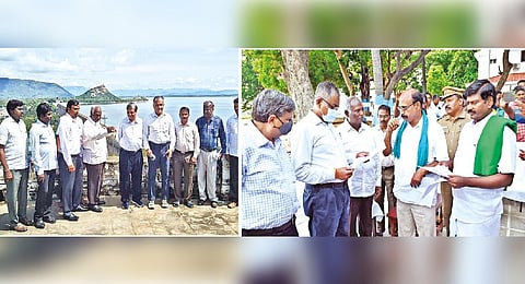 CWMA, CWRC officials inspecting the Mettur dam in Salem and CWMA officials interacting with farmers? at Grand Anicut (right) in Thanjavur