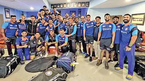 India players and staff pose for a team photograph