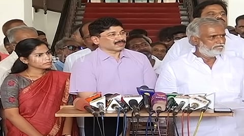 Sekar Babu along with MP Dayanidhi Maran and Chennai Mayor Priya addressing the press.