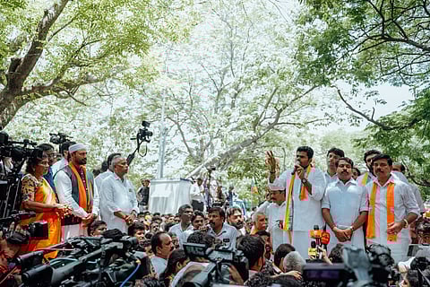 Annamalai addressing the crowd during the protest