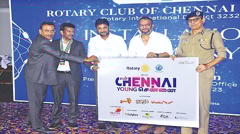 (R to L) Chennai city police Commissioner Shankar Jiwal; Karthik, co-founder, Earth & Air; Shankar M Shiv, co-founder, @TIF - At The Idea Factory; K Parthiban, president, Rotary Neithal at the event in Chennai