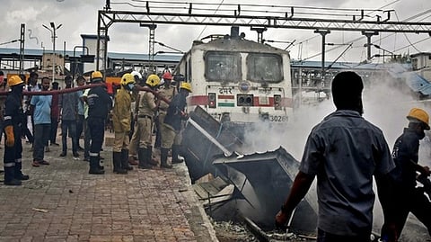 Train set ablaze by protestors protesting against the Agnipath Recruitment Scheme for the Armed Forces on June 17