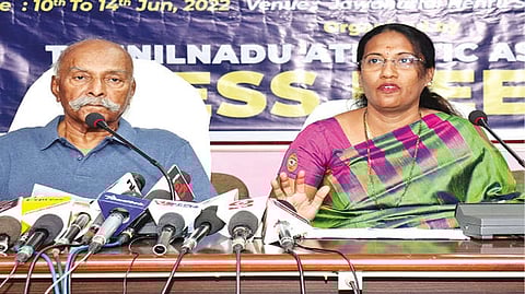 Tamil Nadu Athletics Association president WI Davaram (left) and secretary C Latha at the pre-meet press conference