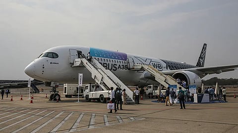 An Airbus SE A350 aircraft at the Wings India 2022 Air Show held at Begumpet Airport in Hyderabad