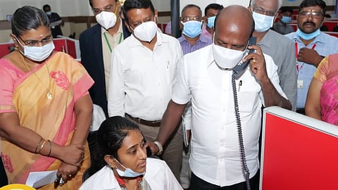 Health Minister Ma Subramanian inspected the counselling being undertaken by the 104 medical service help center at the DMS campus.