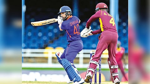 India?s captain Shikhar Dhawan plays a shot against West Indies during the third ODI