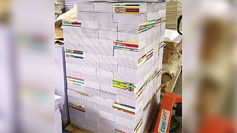 Manufactured notebooks stocked in a unit at Sivakasi in Virudhunagar district