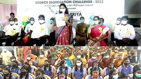 Chennai Corporation Mayor R Priya speaking to students about the segregation of garbage into biodegradable and non-biodegradable waste.