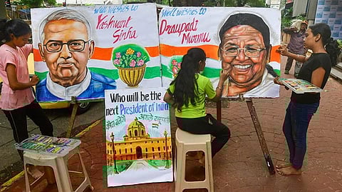 Paintings of Opposition's Presidential candidate Yashwant Sinha and National Democratic Alliance?s (NDA) Presidential candidate Droupadi Murmu