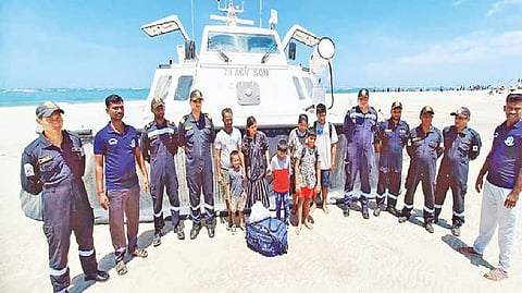 The two Sri Lankan families, who landed in 5th islet off Dhanushkodi was bought to Arichalmunai by Indian Coast Guard Hovercraft on Tuesday