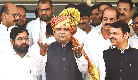 Newly-elected Maharashtra Assembly Speaker Rahul Narvekar with CM Eknath Shinde and Deputy CM Devendra Fadnavis after the special session of the Assembly on Sunday