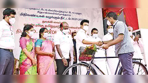 CM MK Stalin inaugurates bicycle distribution for school students in Chennai on Monday