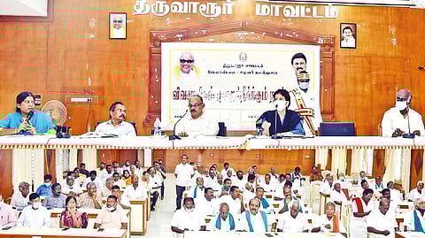 Collector B Gayathri Krishnan conducting the farmers? grievance meeting in Tiruvarur on Thursday