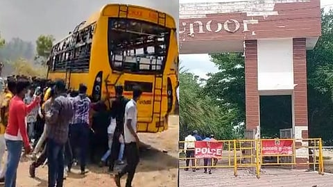 Damaged school buses that were set on fire by a mob in Kallakurichi (right) and a photo of the school