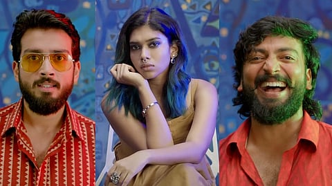 Actors Kalidas Jayaram as Iniyan, Dushara Vijayan as Rene and Kalaiyarasan as Arjun