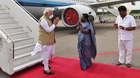 Visuals from PM Modi's arrival in Hyderabad on Saturday