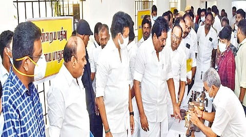 Ministers P Moorthy, Anbil Mahesh Poyyamozhi and S Regupathy inspect a Registration Dept office ahead of a review meeting in Thanjavur on Thursday