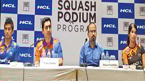 (from left) Saurav Ghosal, SRFI secretary Cyrus Poncha, HCL associate vice-president Rajat Chandolia, and Joshna Chinappa at a press conference in Chennai