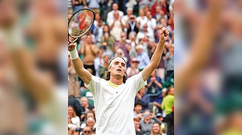 Stefanos Tsitsipas celebrates after beating Jordan Thompson