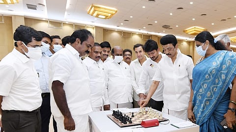 CM MK Stalin with Minister Siva V Meyyanathan held a review meeting in a private hotel in Mahabalipuram, where the 44th Chess Olympiad will be held.