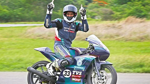 KY Ahamed celebrates after coming up trumps in the Pro-Stock 165cc Open race on Sunday