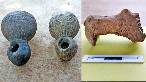 A pair of beads preserved perfectly aand the humped bull unearthed from Vembakottai in Virudhunagar district.