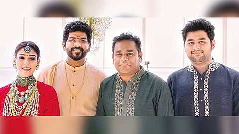 Rahman and Ameen posing with the married couple Vignesh and Nayanthara.