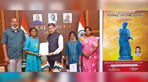 Governor RN Ravi appreciating NS Apsara in person for her translations at Raj Bhavan; (right) Apsara?s book cover