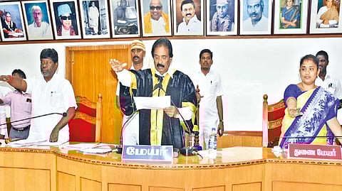 Mayor Mu Anbalagan presiding the Corporation council meeting in Tiruchy on Tuesday