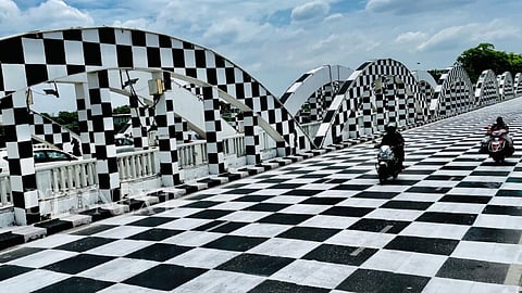 Ahead of the 44th Chess Olympiad, Napier Bridge painted like a chess board.