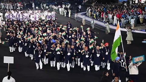 Flagbearers PV Sindhu and Manpreet Singh lead TeamIndia out in the Parade of Nations at the Birmingham 2022 Opening Ceremony