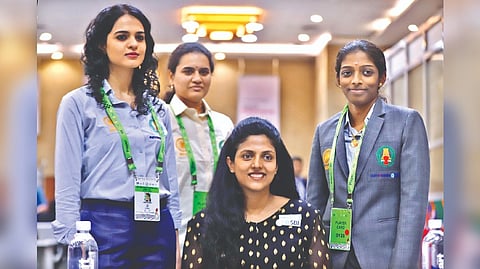 (from left) Members of the India Women?s ?A? team Tania Sachdev,
Koneru Humpy, D Harika and R Vaishali