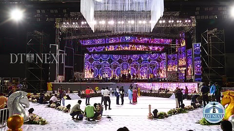 Nehru Stadium gets ready to facilitate the closing ceremony on August 09, 2022.