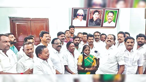 EPS supporter and general council member Kannagi Kuppusamy from Ariyalur joining the OPS camp in the presence of R Vaithilingam in Thanjavur on Friday.