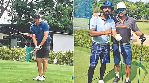 (L) Australia cricket legend Glenn McGrath; Murali Vijay and
Aniruda Srikkanth at the TNGF course