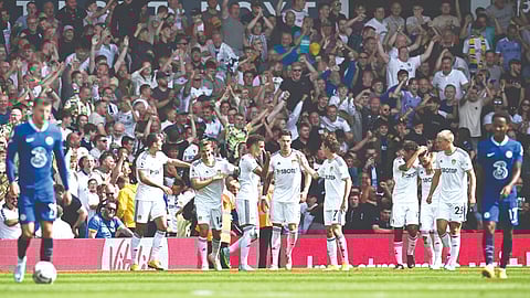 Leeds United players celebrate the team?s second goal against Chelsea.